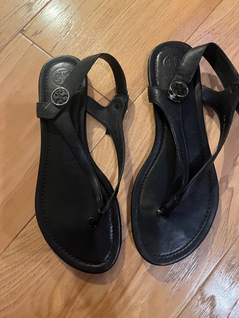 Tory Burch Black Leather Logo Slingback Thong Sandals